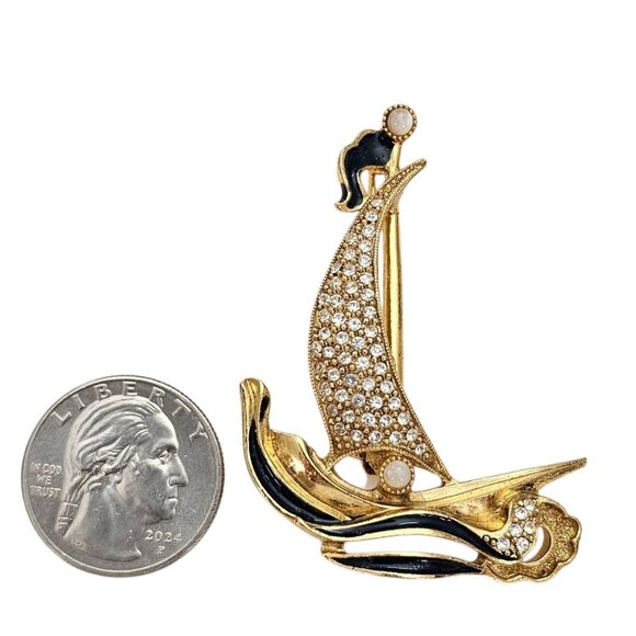 1928 Brand Sail Boat Brooch Clear Rhinestone Blue Enamel Vintage Pin - Picture 6 of 8